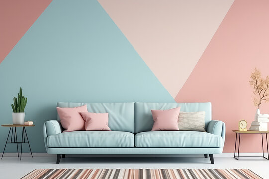 Minimalist interior in a painted wall, soft sofa. Light blue, pink, beige pastel colors. Cute cozy interior composition. Generative AI photo.