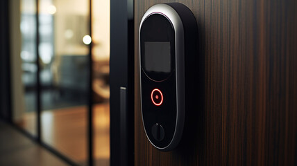Digital Door handle or Electronics knob for access to room security, Door wooden half opening through interior living room background Generative AI