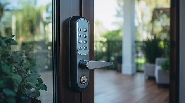 Digital Door handle or Electronics knob for access to room security, Door wooden half opening through interior living room background Generative AI