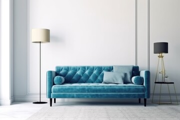  blue sofa and white wall in modern living room AI Generated