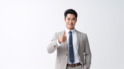 Asian charming businessman showing thumb-up sign, isolated on white. Business concept.
