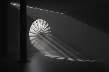 3D rendering of an aged turbine with light rays in concrete garage