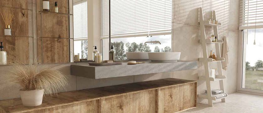 Fototapeta Horizontal panoramic background bathroom interior. Modern bath in scandinavian style apartment. Bathtub with sink and decor. High quality 3d rendering illustration