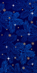 Winter background with pine branches on dark blue background. - 618210824