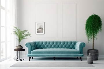  blue sofa and white wall in modern living room AI Generated