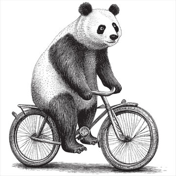 Hand Drawn Engraving Pen and Ink Panda Cycling Bicycle Vintage Vector Illustration