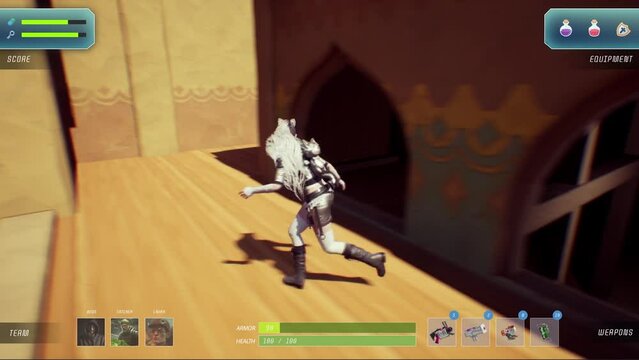 Mock-up of 3D video game gameplay. Character runs and kills enemies in ancient city. 3D animation of modern PC team game interface on computer screen. Cybersport and streaming. Third-person view.