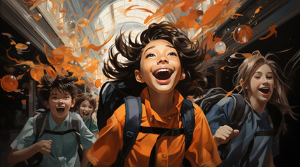 Fototapeta premium Back to school: Excitement fills the air as happy pupils students gather in a bustling hallway, backpacks slung over their shoulders