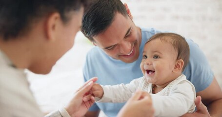 Baby, playing and father with mom in bedroom with happiness with love or care on weekend. Happy, infant and playful with parents or dad for bonding at family home with funny expression or newborn. - Powered by Adobe