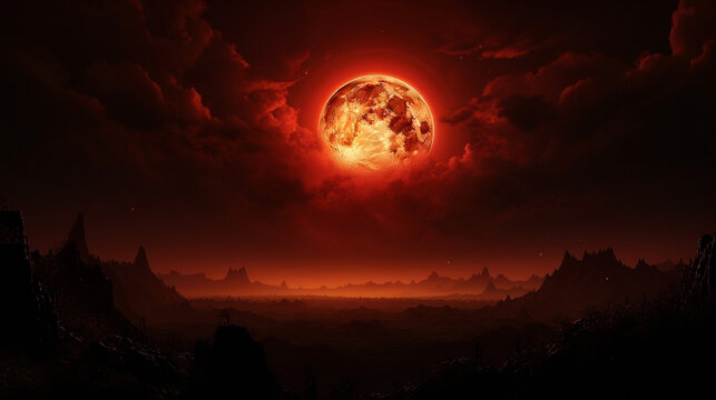 A terrible red moon over the wasteland. High quality illustration