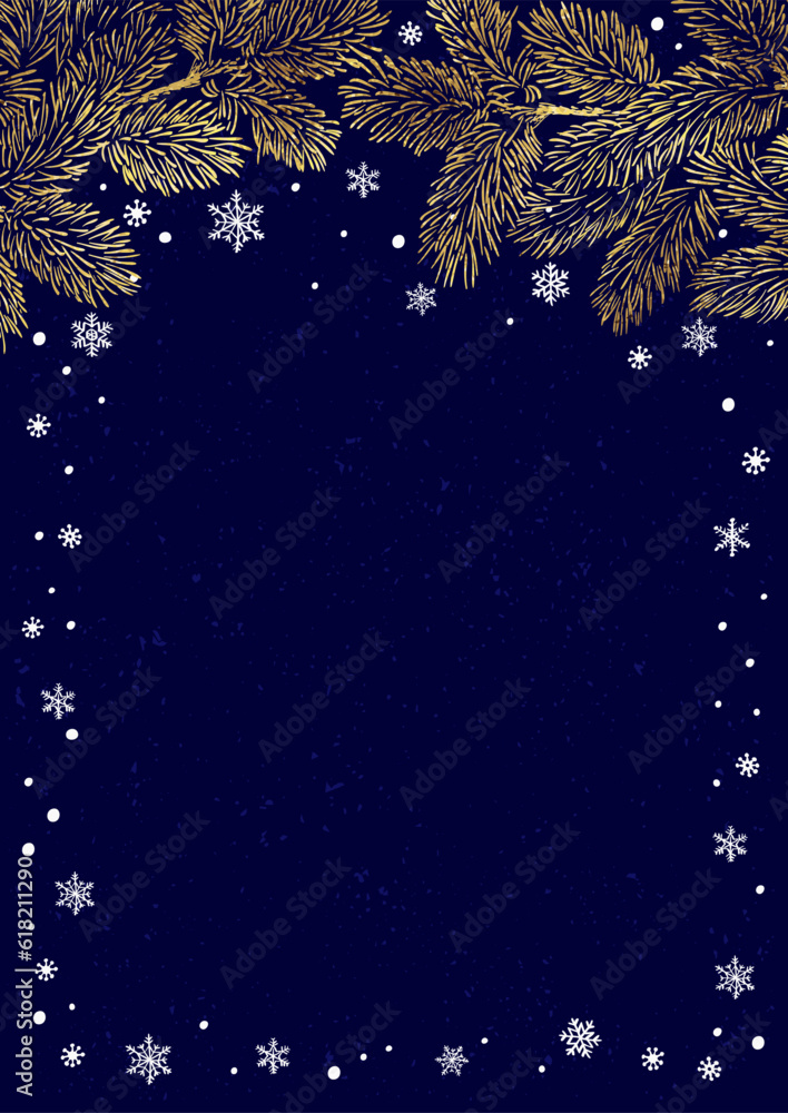 Wall mural vector vertical frame of christmas background with branches of christmas tree and golden elements.