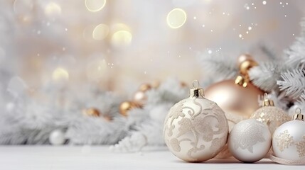 Christmas background with decorative holiday design elements. Festive background with christmas ornament decoration, Copy space. Banner and poster. generative ai