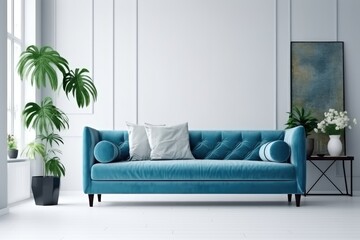 Obraz na płótnie Canvas blue sofa and white wall in modern living room AI Generated