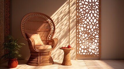Arabic,Islamic style interior.Rattan chair,table and arabic pattern in window with shadow.3d rendering