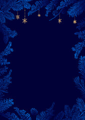 Fototapeta na wymiar Vector vertical frame of Christmas Background with branches of christmas tree and golden elements.