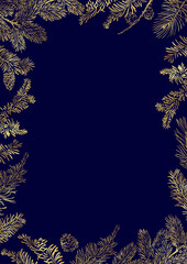 Vector vertical frame of Christmas Background with branches of christmas tree and golden elements. - 618211875