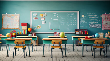 Back to school: Vibrant classroom scene filled with colorful chairs and desks, colorful stationery, and a chalkboard displaying inspiring quotes