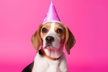 Beagle Dog In Holiday Cap On Pink Background. Generative AI