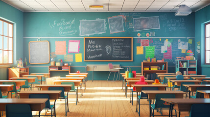 Back to school: Vibrant classroom scene filled with colorful chairs and desks, colorful stationery, and a chalkboard displaying inspiring quotes