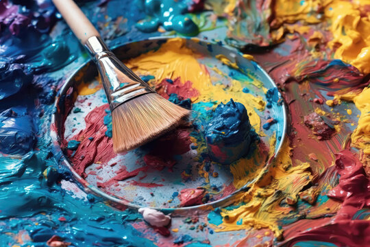 Brush Vibrant Pigments Of Artists Palette. Generative AI