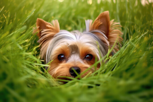Yorkshire Terrier Dog Lies In The Beautiful Grass. Generative AI