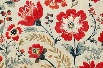 Swedish Embroidery Features Delicate Floral Motifs And Traditional Folk Art Designs. Generative AI - obrazy, fototapety, plakaty