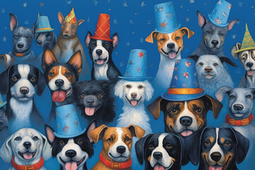 Lots Of Dogs In Clown Hats On Blue Background. Generative AI - obrazy, fototapety, plakaty