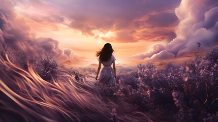 Obraz premium An artwork that blends a photograph of a field of lavender with a dreamy, ethereal filter. (Generative AI)