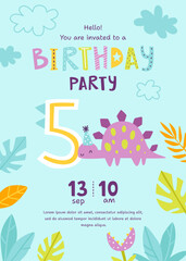 Children's birthday invitation with cute dino. Kids birthday party banner with dinosaur and plants.