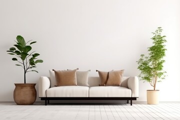  Brown sofa and white wall in modern living room AI Generated