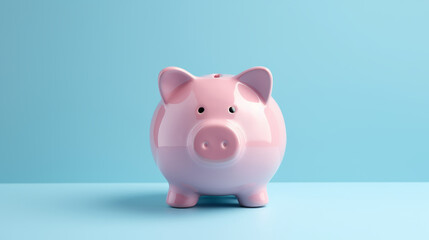 Pink pig piggy bank isolated on blue background - Generative AI
