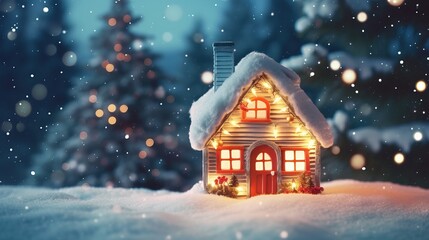 Christmas house in winter snowy forest. holiday christmas ornament decoration, Copy space. banner and poster. 