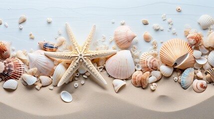 Fototapeta na wymiar Beach themed banner or header with beautiful shells, corals and starfish on pure white sand