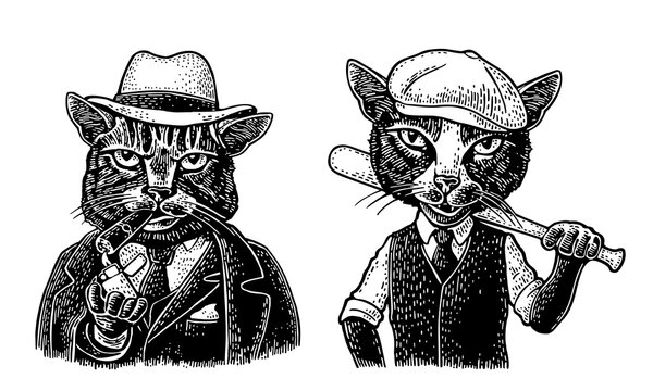 Cats mafia. Don with cigar, soldier holding baseball bit. Engraving