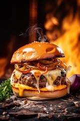 Grilled smash burger with chees with fire. Generative ai. - obrazy, fototapety, plakaty
