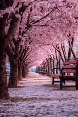 Fototapeta na wymiar The benches in the park are covered with cherry blossom. Generative ai.