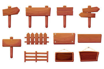 Set of wooden tablets, hanging textured panels rope, signboards with pointer, fence with nails in cartoon style isolated on white background. Rustic board, plank with place. Ui game assets