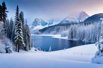 Snowy winter landscape with lake ,trees and mountains
