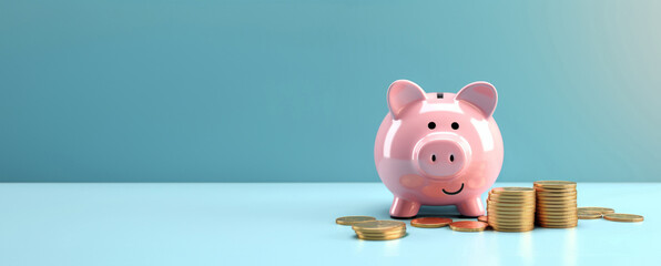 Smiling pink pig piggy bank next to a stack of gold coins, isolated on blue background. Investment success, savings concept - Generative AI - obrazy, fototapety, plakaty