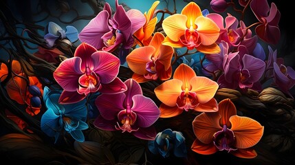 A digital painting of exotic orchids, capturing their unique shapes and vibrant colors in a hyper-realistic style. (Generative AI)