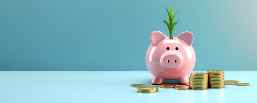 Pink pig piggy bank next to a stack of gold coins and a green plant growing, isolated on blue background. Investment success, savings concept - Generative AI