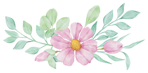 Watercolor Floral Pastel Composition with Leaves and Branches and Buds, Hand drawn illustration