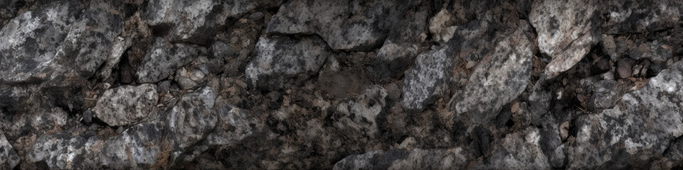 Fototapeta premium Panorama of polished dark grey granit or marble surface. Generative AI stone panoramic texture background, banner