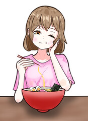 ラーメンを美味しそうに食べている女性