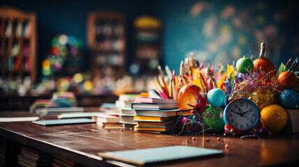 Back to School. Student's workplace at school or at home. Fillied with accessories for study.