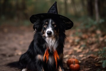 Halloween card. A dog on a dark background in a mantle, a witch's costume and a cap. With Generative AI technology