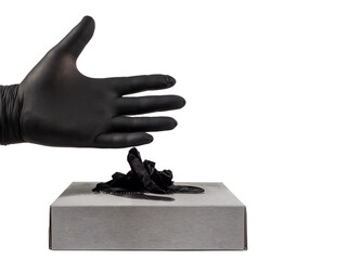 Disposable black gloves isolated on white background. A gloved hand and a pack of black disposable...