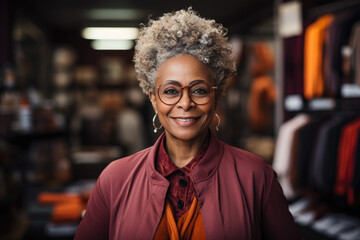 Obraz premium Portrait of a smiling senior black woman, clothing store owner