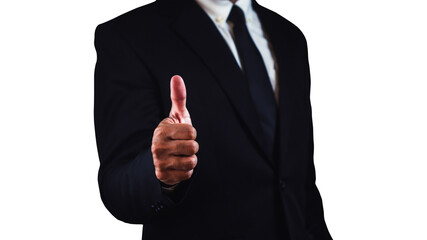 Businessman with thumb up isolated on white background.