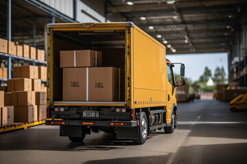 Logistic truck rear view various cardboard boxes are visible in the open trunk concept ai